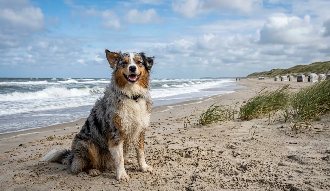 Glücklicher Hund am Strand mit Dünen und Meer im Hintergrund.