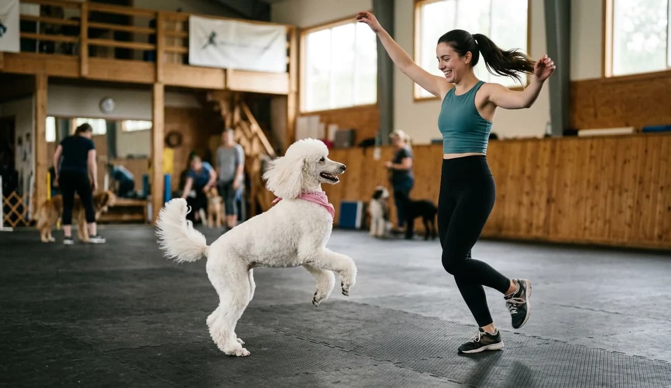 Weißer Pudel tanzt eine Pirouette synchron mit seiner Hundehalterin.
