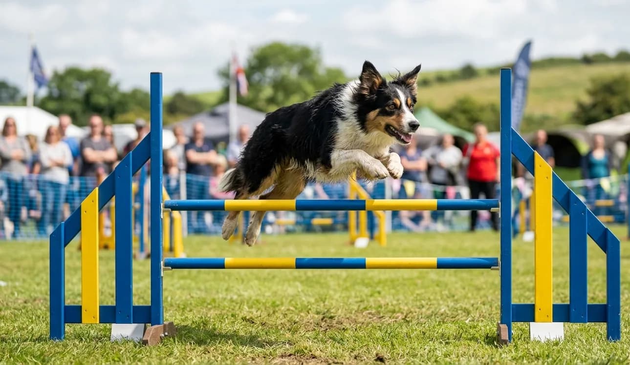 Border Collie springt im Agility-Parcours über eine Hürde.