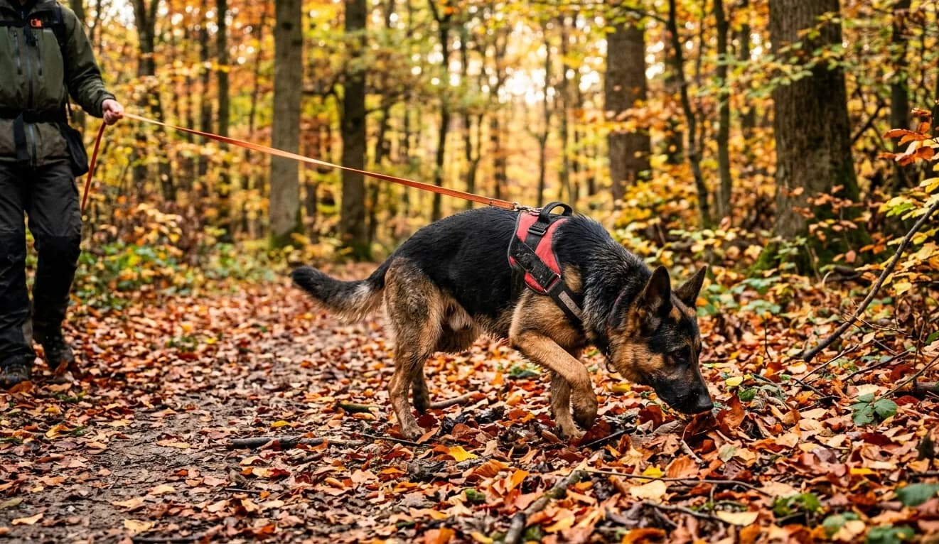 Hund rennt durch buntes Herbstlaub im Wald.