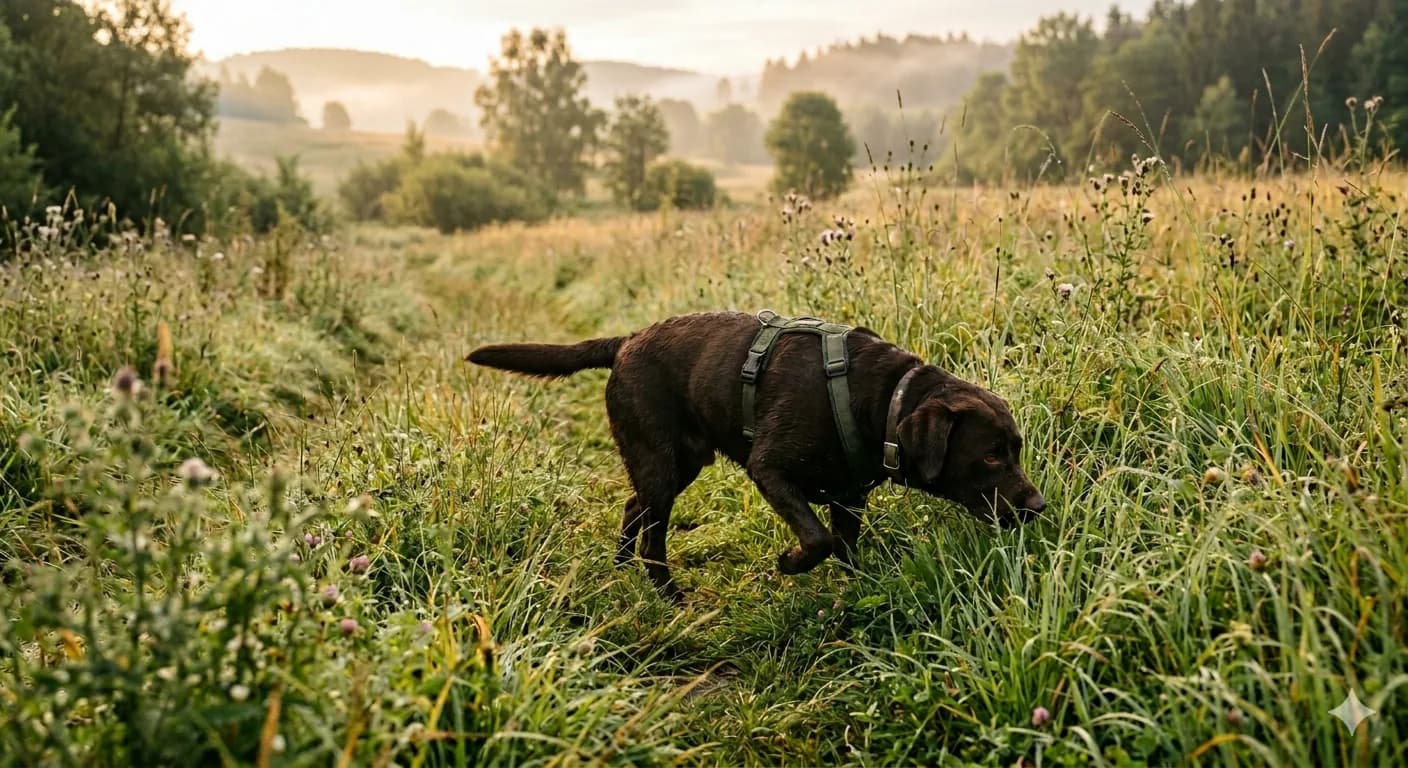 Labrador folgt mit Fährtenarbeit-Geschirr einer Spur durch taunasse Wiese.