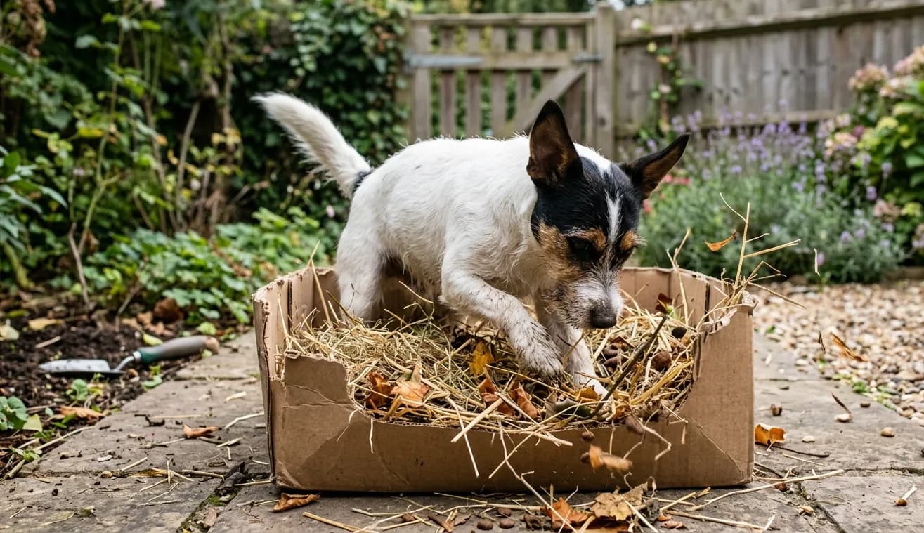 Jack Russell Terrier wühlt in einer Schnüffelbox aus Heu nach Leckerlis.