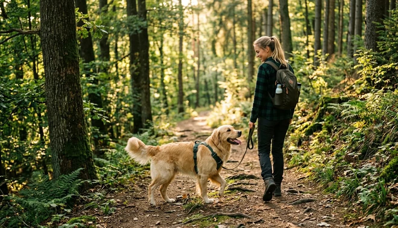 Hund und Mensch wandern gemeinsam auf einem sonnigen Waldweg.