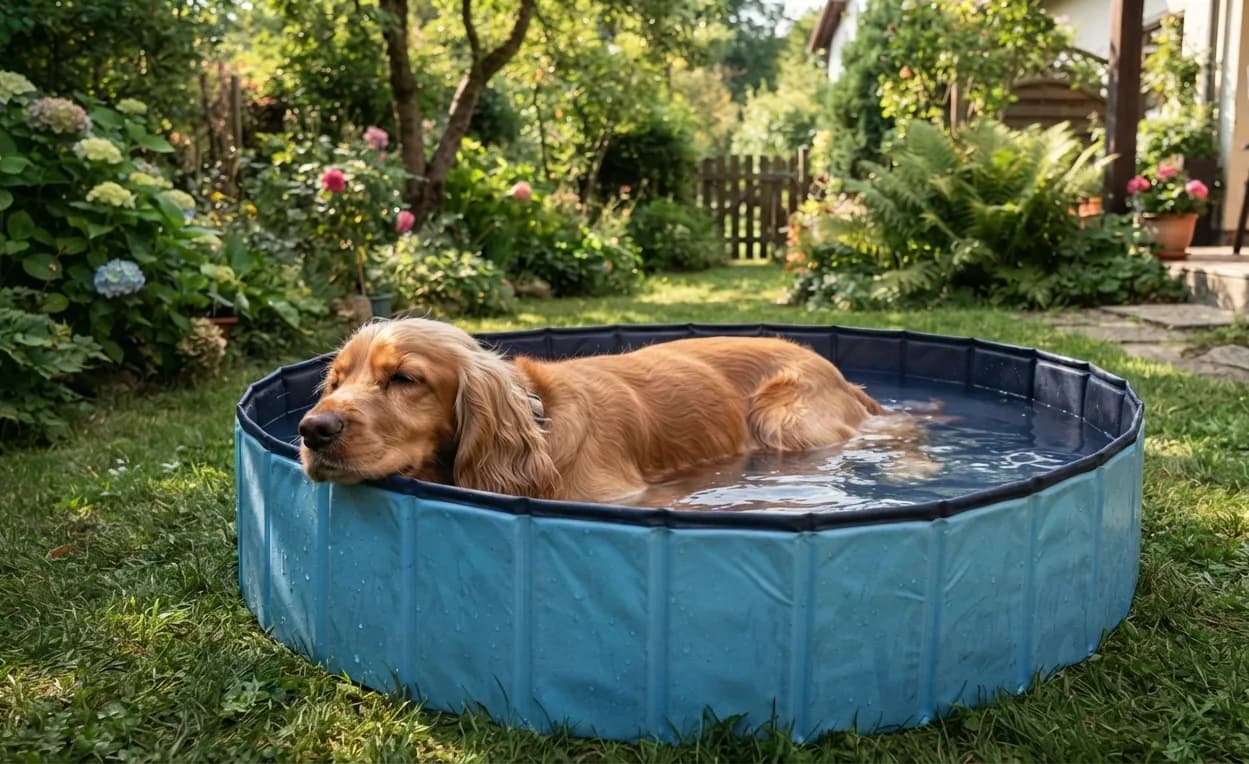 Hund liegt entspannt in einem Hundepool im Garten