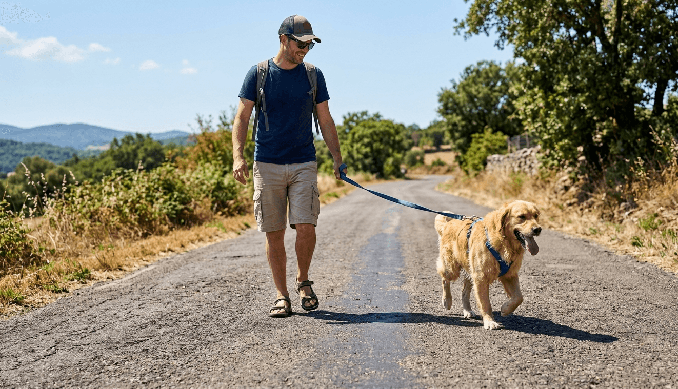 Hund läuft im Sommer auf schattigem Weg neben sonnigem Asphalt