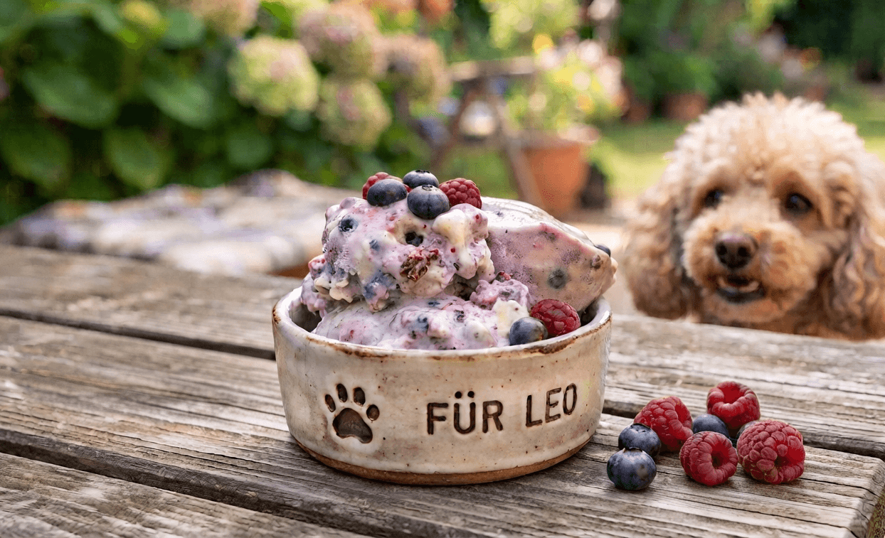 Quark-Beeren-Eis für Hunde mit Blaubeeren in einer Eiswürfelform
