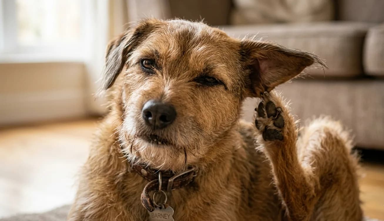 Hund kratzt sich am Ohr – typisches Symptom bei Futtermittelallergien und Unverträglichkeiten.
