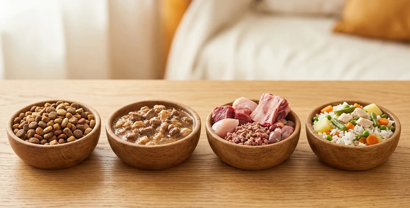 Vier Futternäpfe im Vergleich: Trockenfutter, Nassfutter, BARF und selbst gekocht.