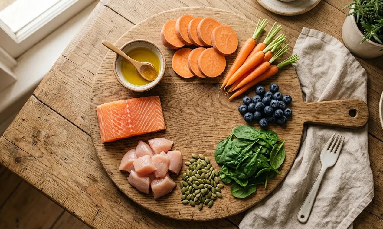 Übersicht der wichtigsten Nährstoffe für Hunde: Proteine, Fette, Vitamine und Mineralstoffe.