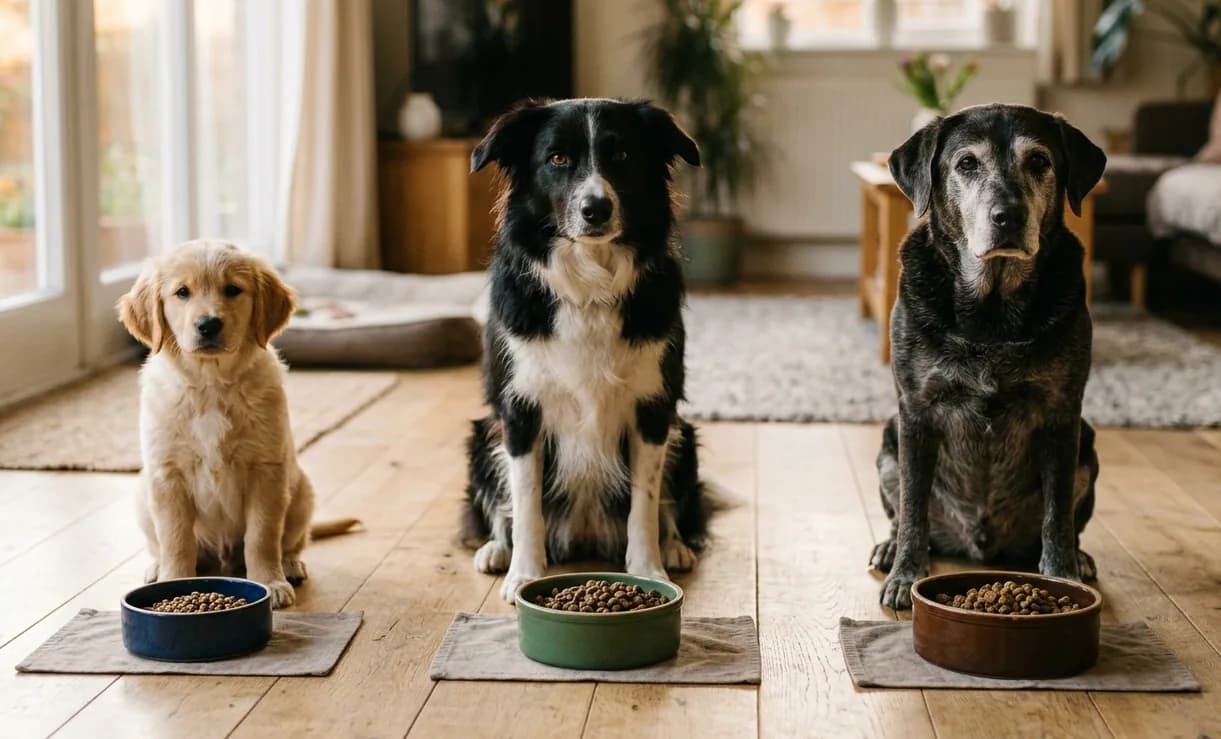 Welpe und Senior-Hund nebeneinander – Hundeernährung passend zur Lebensphase.