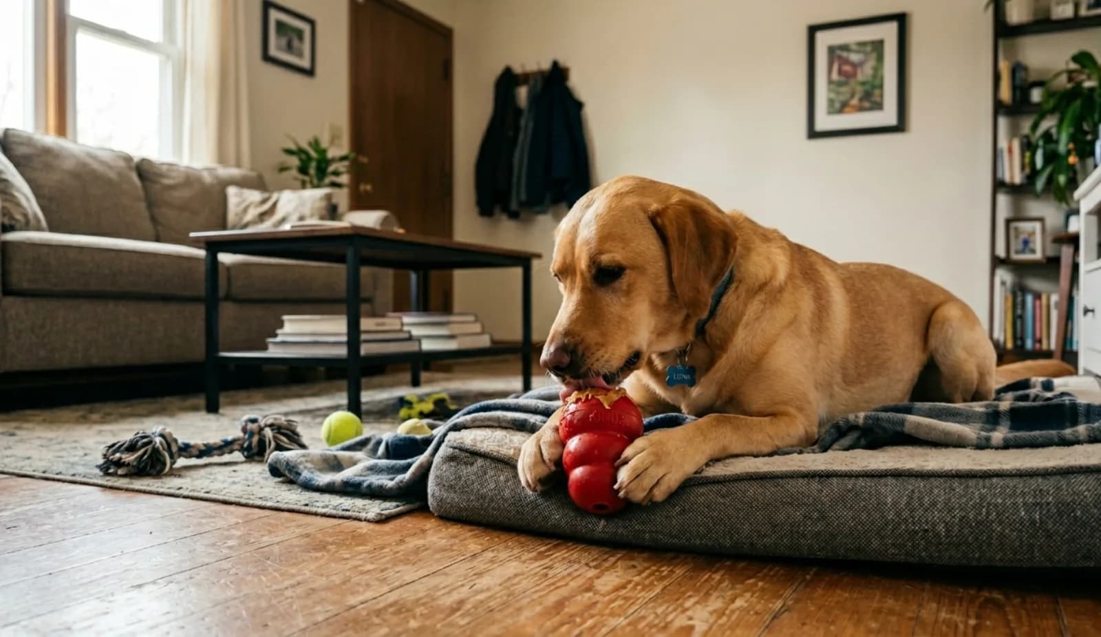 Ruhiger Hund liegt entspannt auf seiner Decke – Alleinbleiben mit Sicherheit.