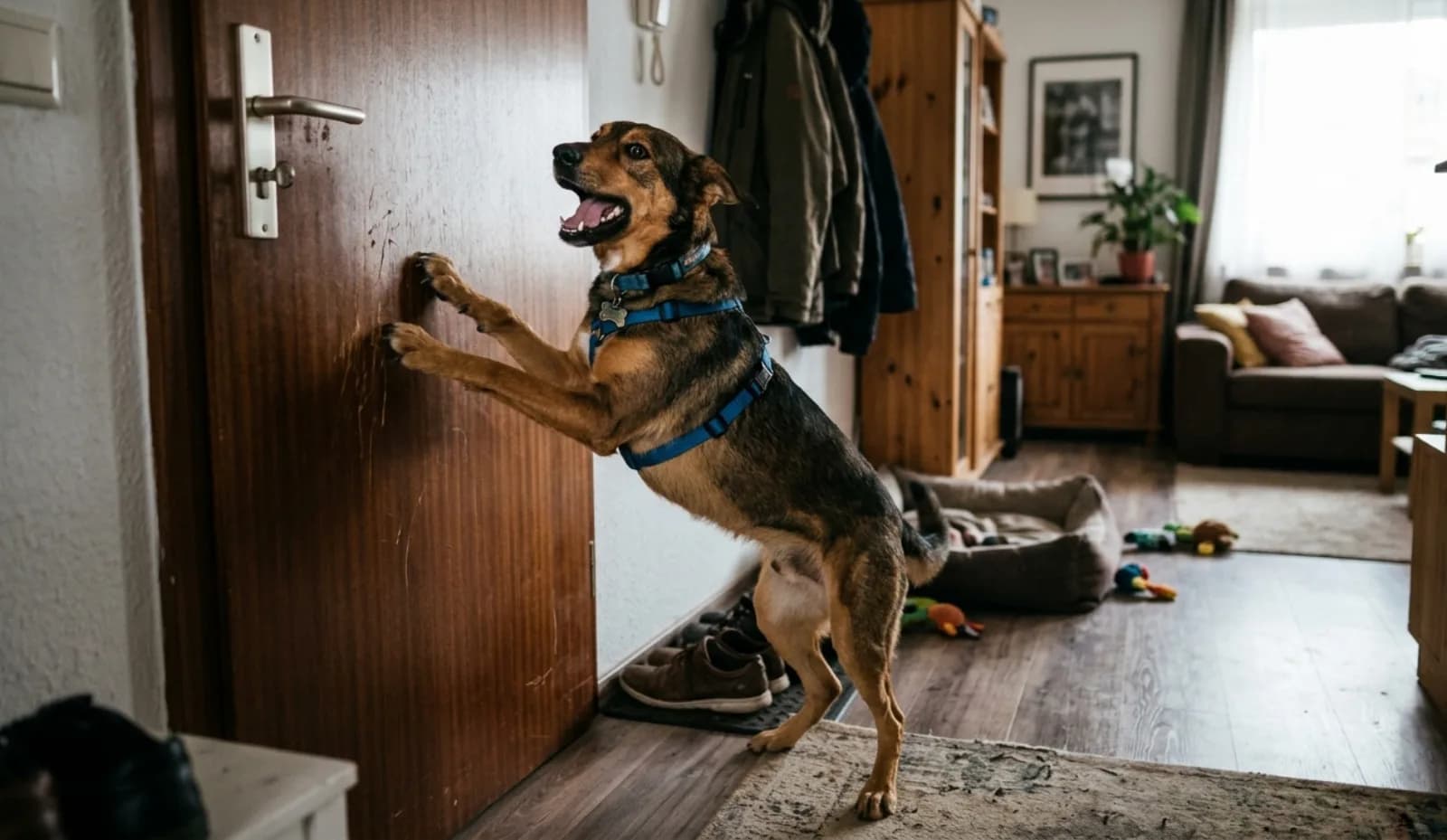Hund beschäftigt sich konzentriert mit einem gefüllten Kong – sinnvolle Beschäftigung als Anker beim Alleinbleiben.