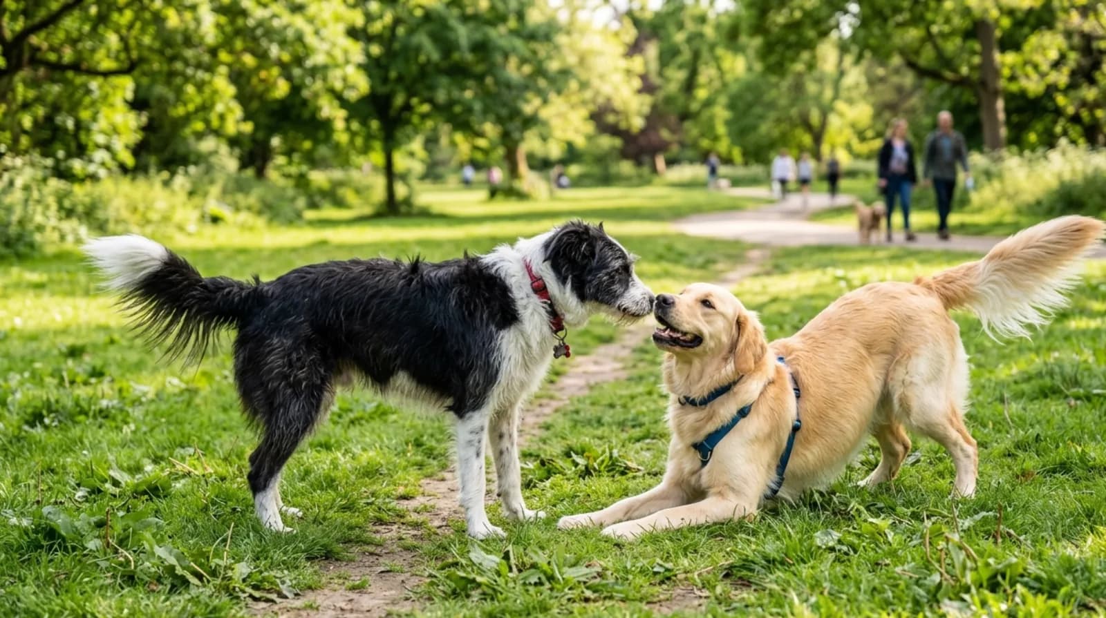 Zwei Hunde begrüßen sich mit angemessener Körpersprache – einer in leichter Spielverbeugung, der andere schnüffelt locker.