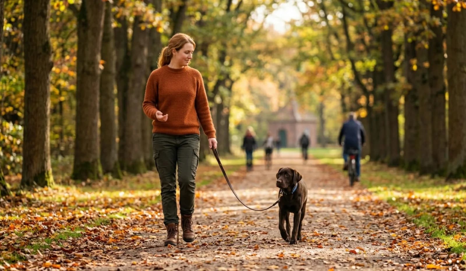 Person spaziert entspannt mit ihrem Hund an lockerer Leine auf einem Waldweg.