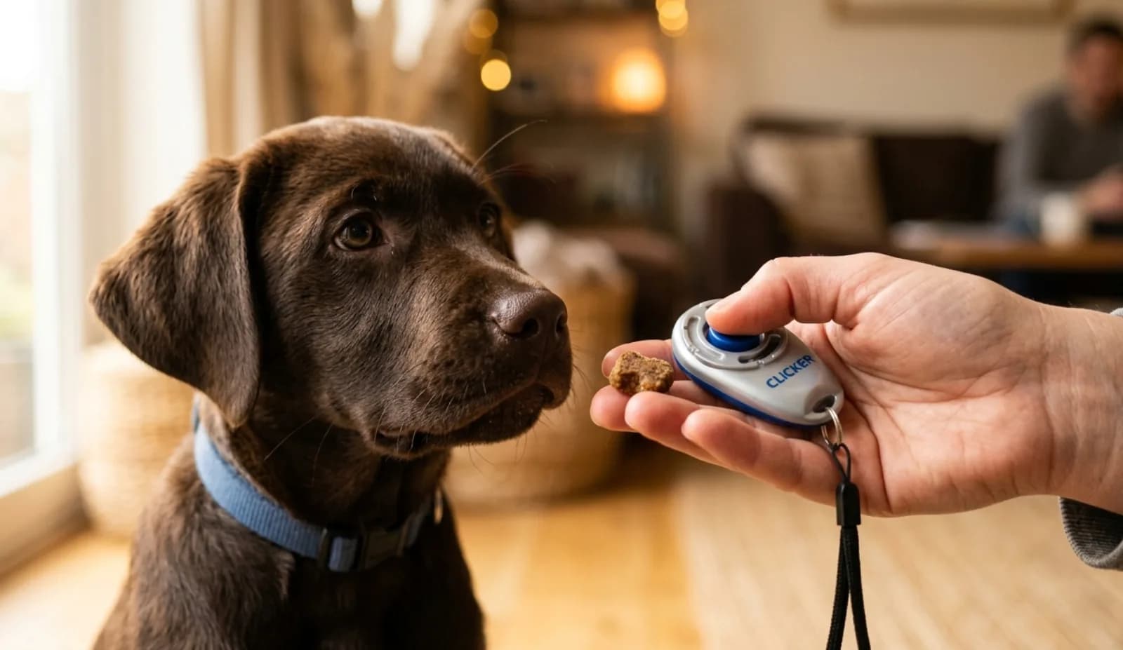 Nahaufnahme einer Hand mit Clicker und Leckerli, ein Labrador-Welpe schaut gespannt – Markersignal-Training.