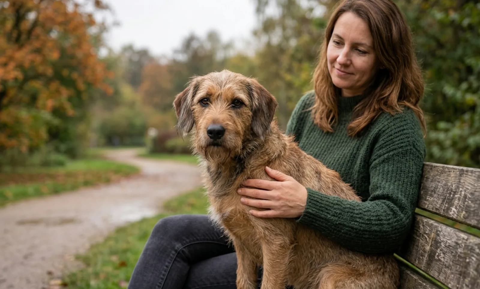 Hund sitzt ruhig neben seiner Bezugsperson – Vertrauen und Geduld bei Verhaltensproblemen.