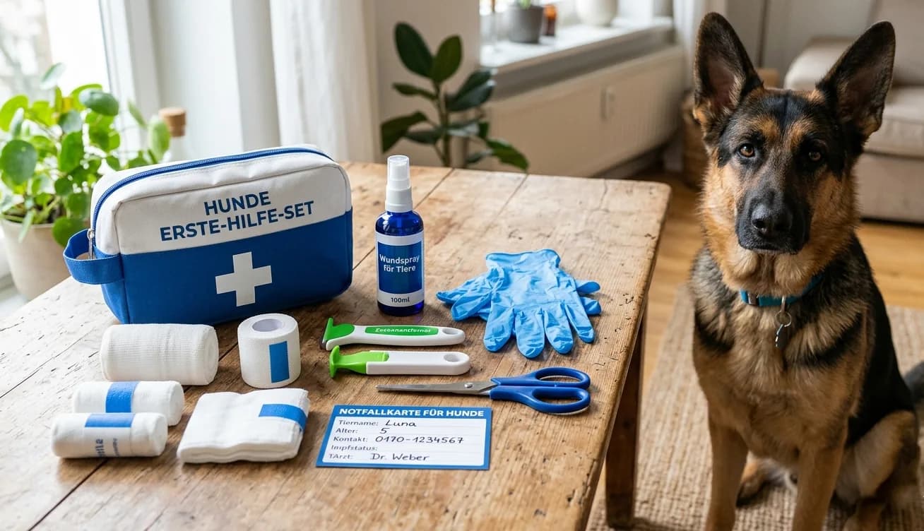 Erste-Hilfe-Maßnahmen an einem Hund mit Verband und Notfall-Set.