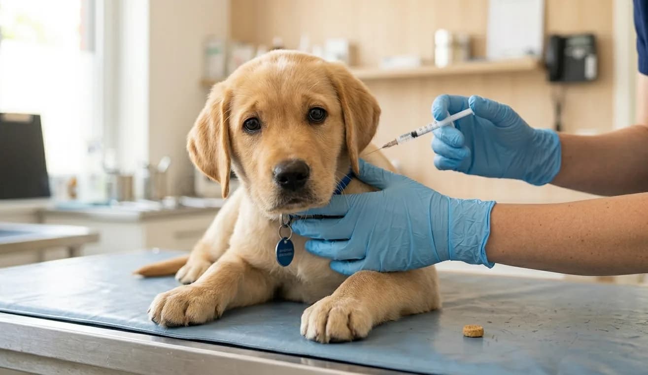 Hund bekommt vorsichtig eine Schutzimpfung beim Tierarzt.