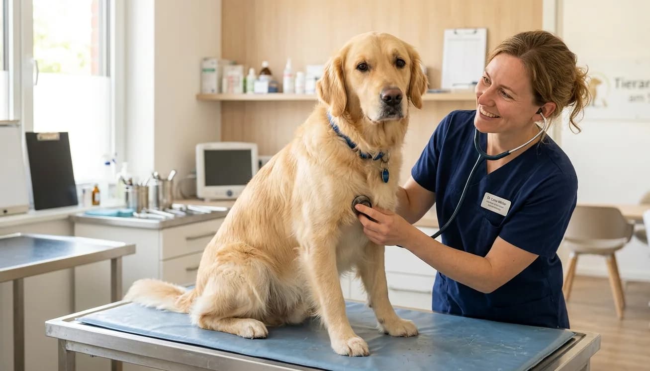 Tierärztin untersucht freundlich einen Hund beim Vorsorgetermin.