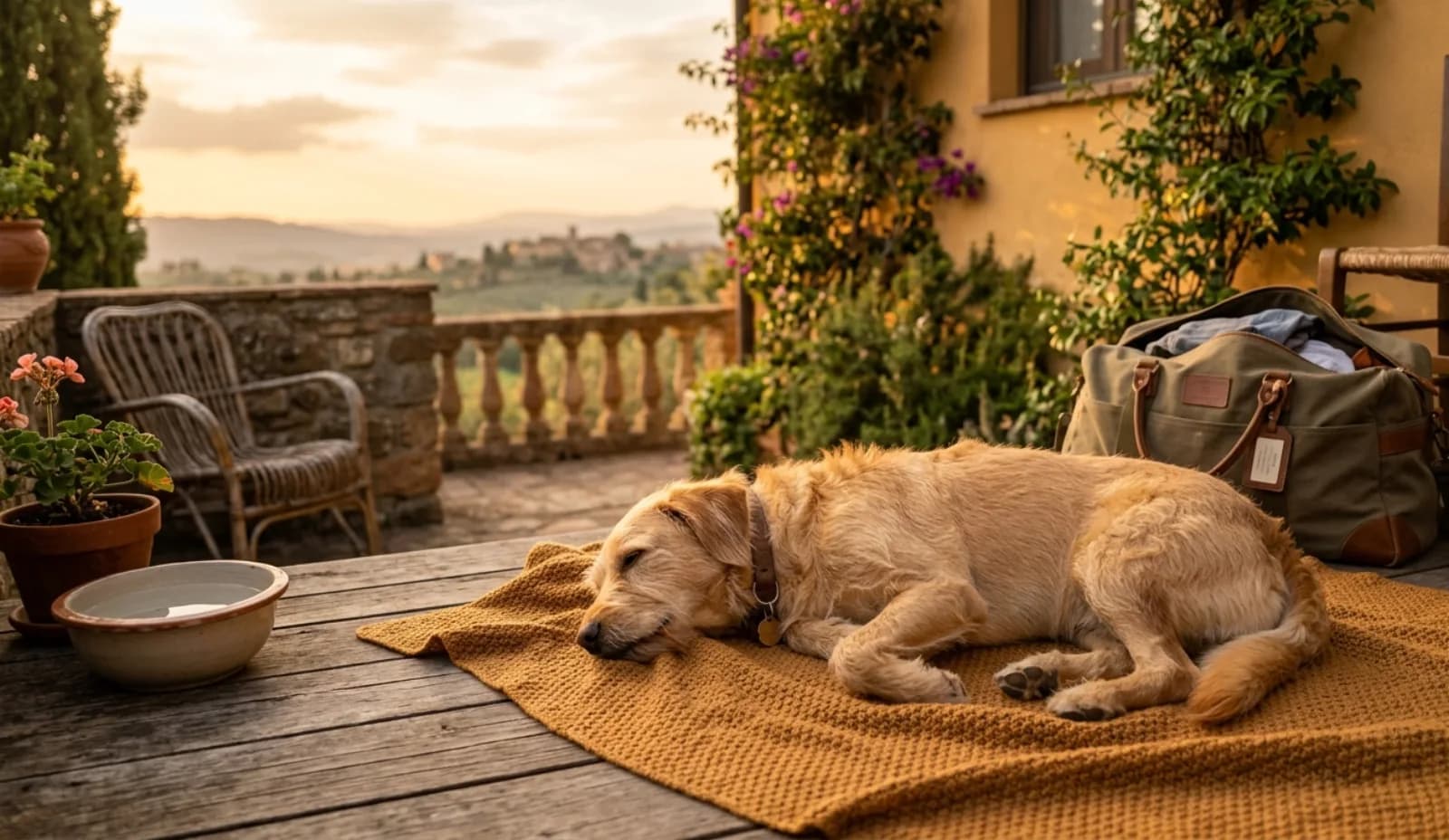 Entspannter Hund auf einer Ferienhaus-Terrasse im Abendlicht – erholsamer Urlaub mit Hund.