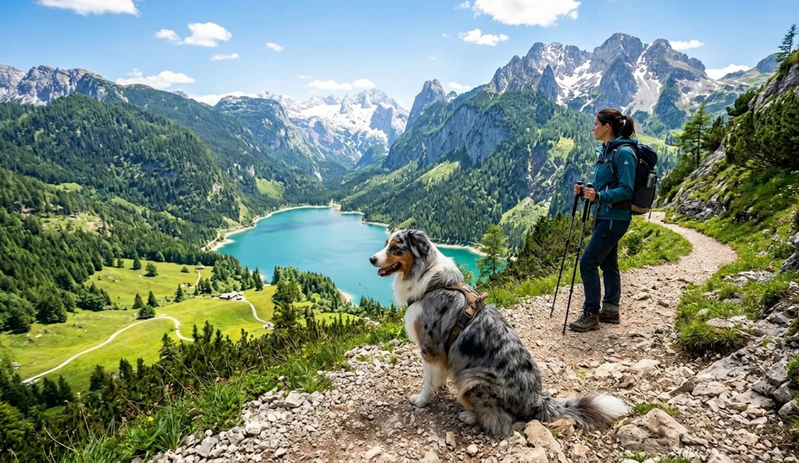 Hund auf einem Bergwanderweg in den österreichischen Alpen mit Blick auf einen türkisen See – Wanderurlaub mit Hund.