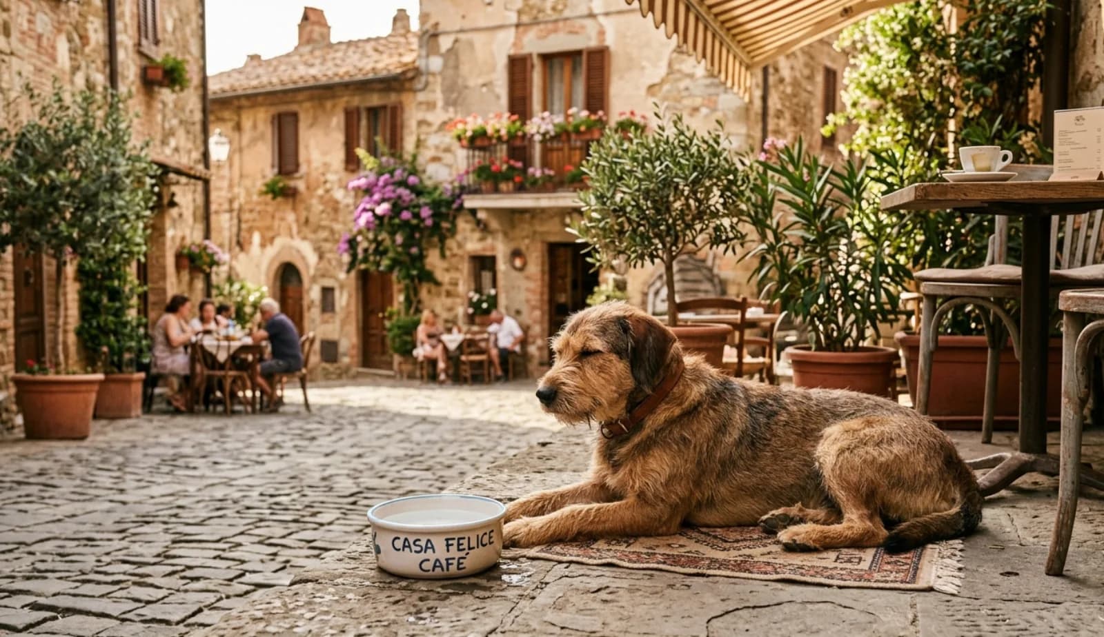 Hund auf einer sonnigen Café-Terrasse in Europa – hundefreundliche Reiseziele in Europa.