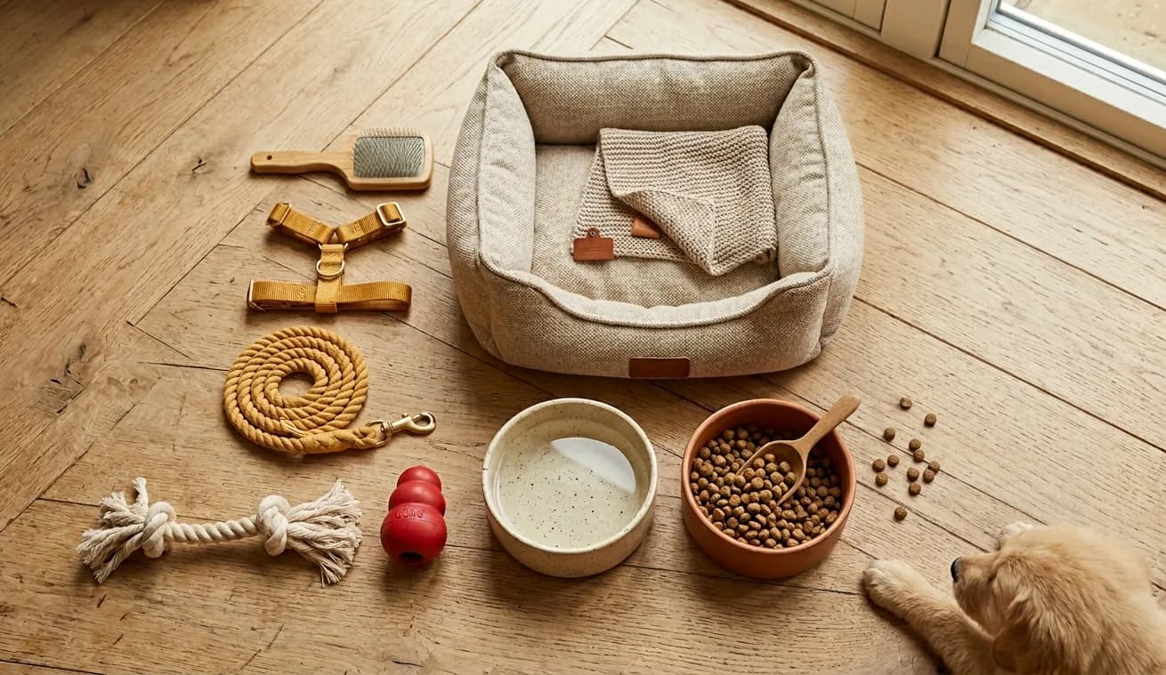 Welpen-Erstausstattung im Überblick: Geschirr, Leine, Näpfe, Bett und Spielzeug.