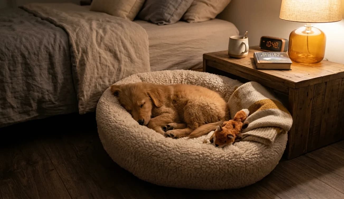 Junger Welpe schläft entspannt in einem Hundebett – die ersten Wochen nach dem Einzug.