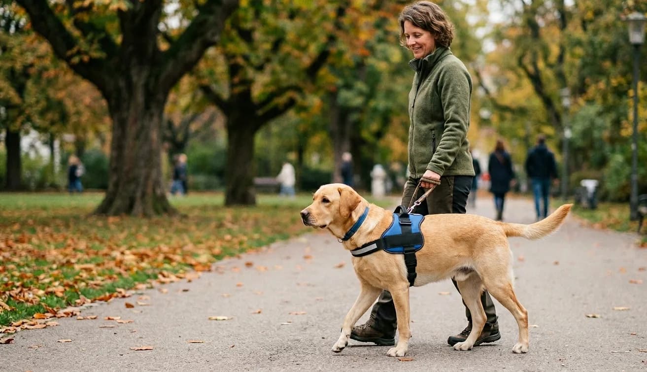 Assistenzhund mit Geschirr begleitet eine Person aufmerksam im Alltag.