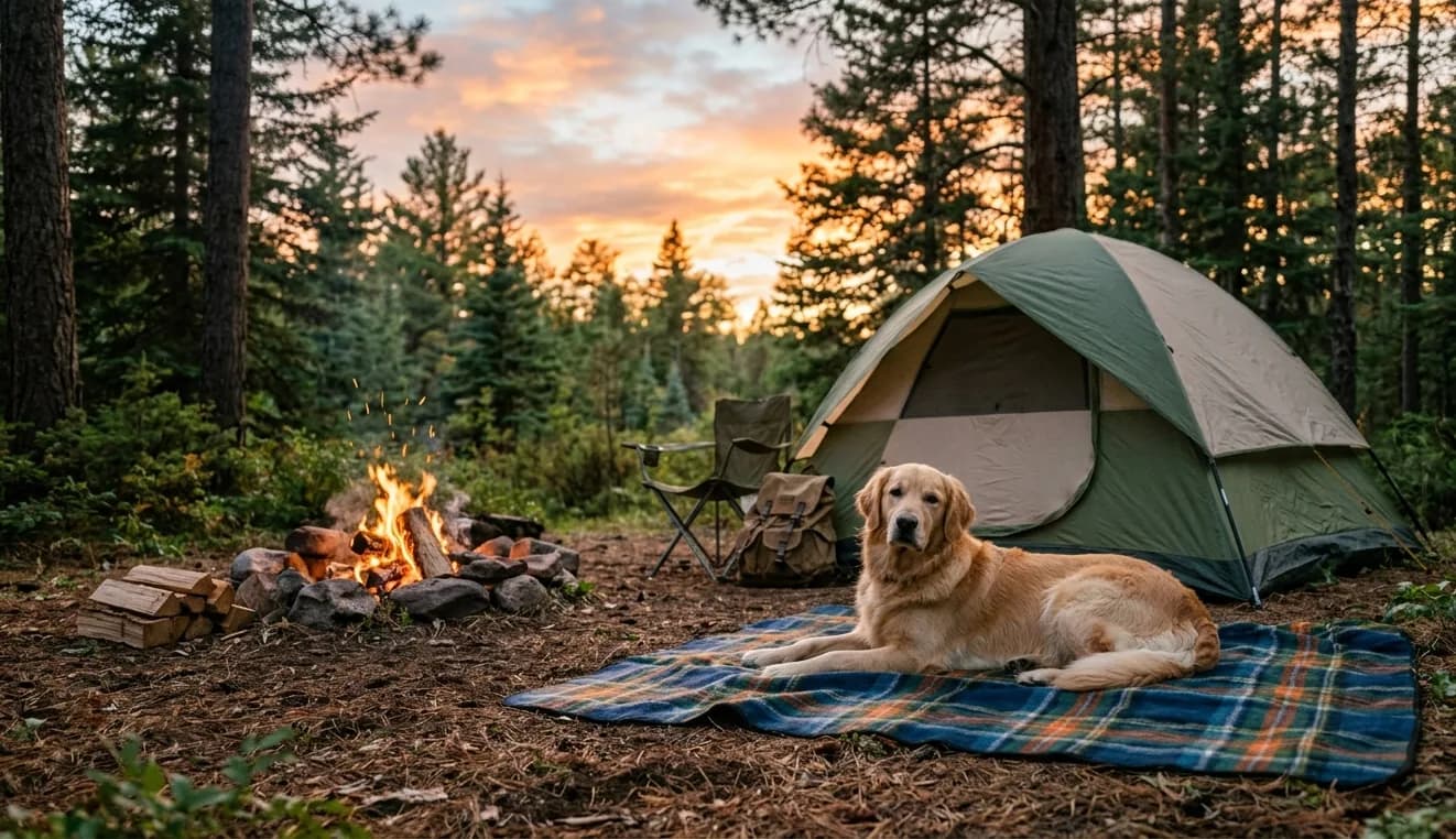 Golden Retriever liegt entspannt am Lagerfeuer neben einem Zelt im Wald.