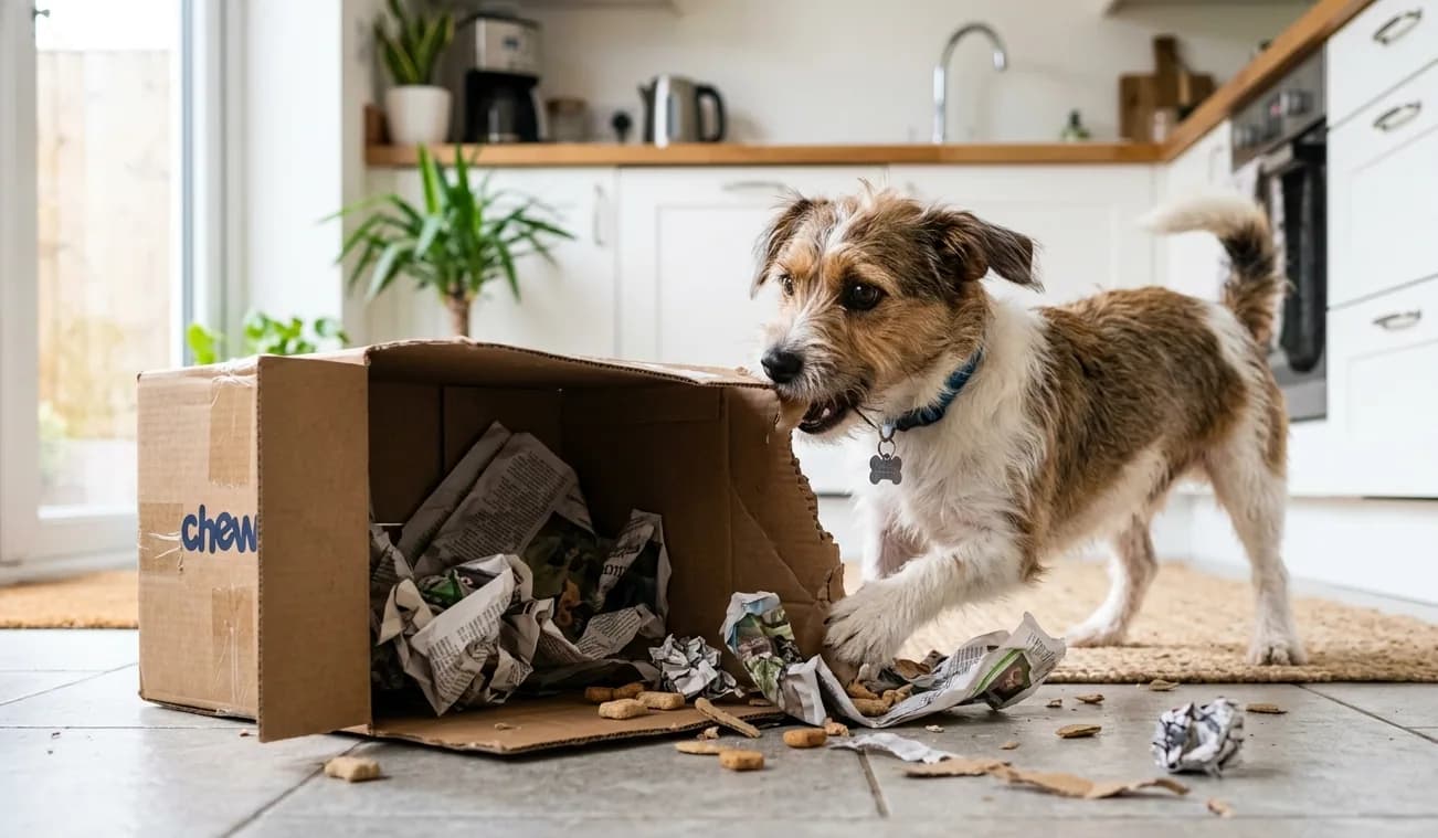 Hund wühlt begeistert in einem Karton mit Zeitungspapier nach Leckerlis.