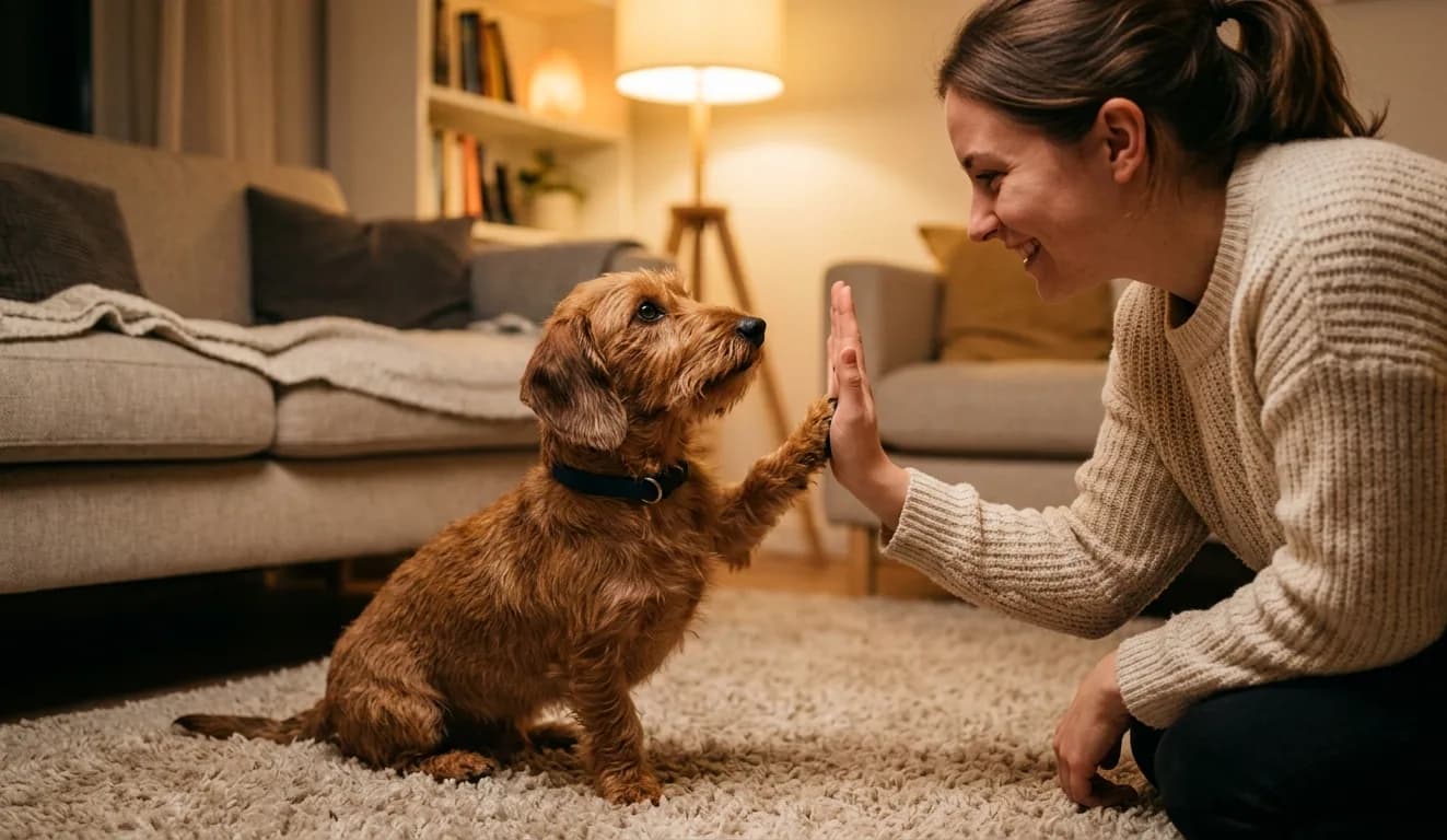 Dackel gibt seinem Menschen stolz die Pfote für ein High Five.