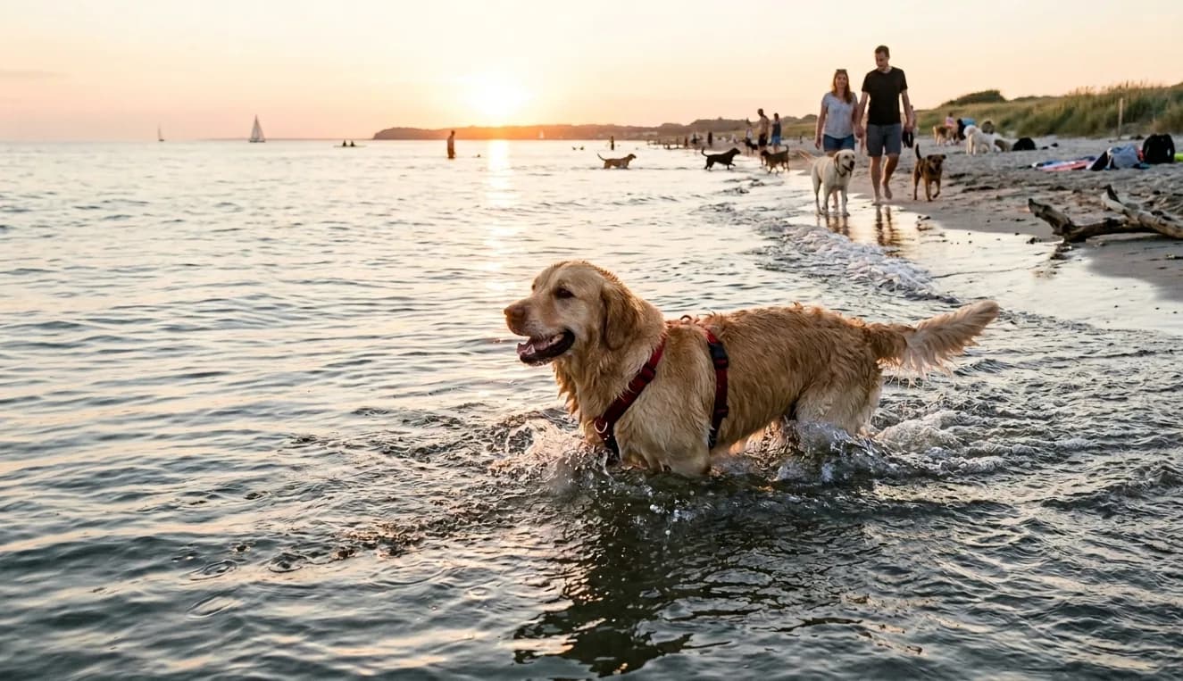 Hund kühlt sich an einem Sommertag fröhlich im See ab.