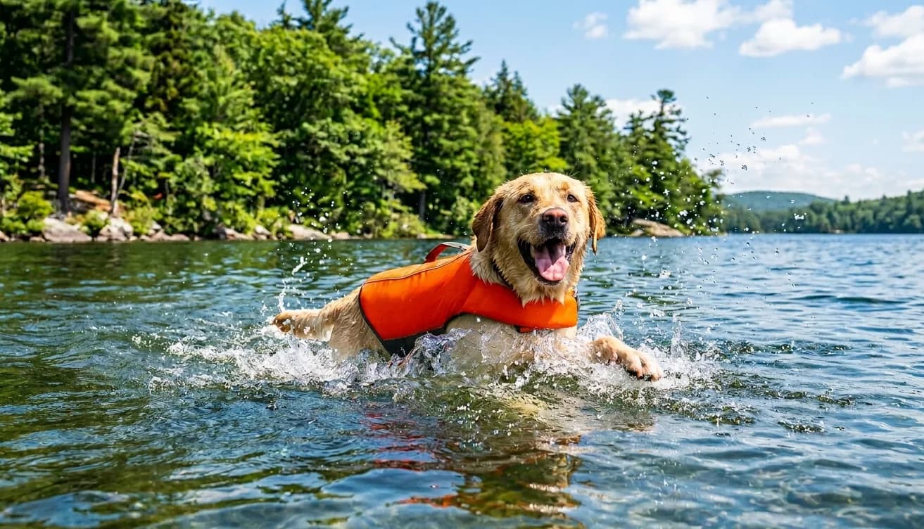Labrador apportiert mit Schwimmweste in einem klaren See.