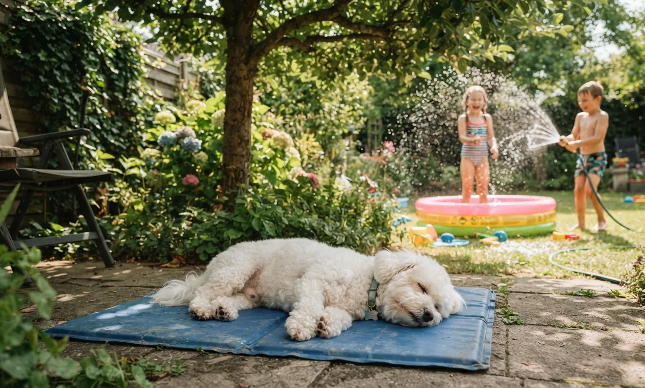 Hund liegt entspannt auf einer Kühlmatte im Schatten