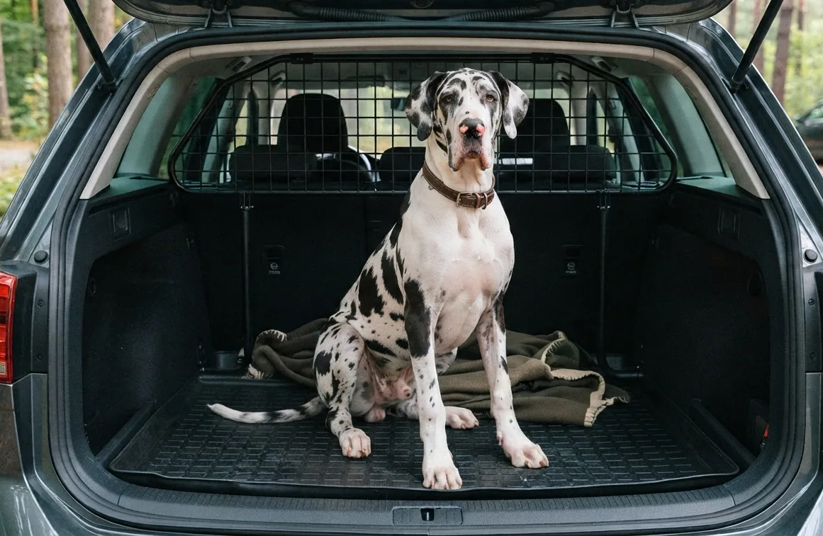 Hund sitzt gesichert hinter einem Trenngitter im Kofferraum