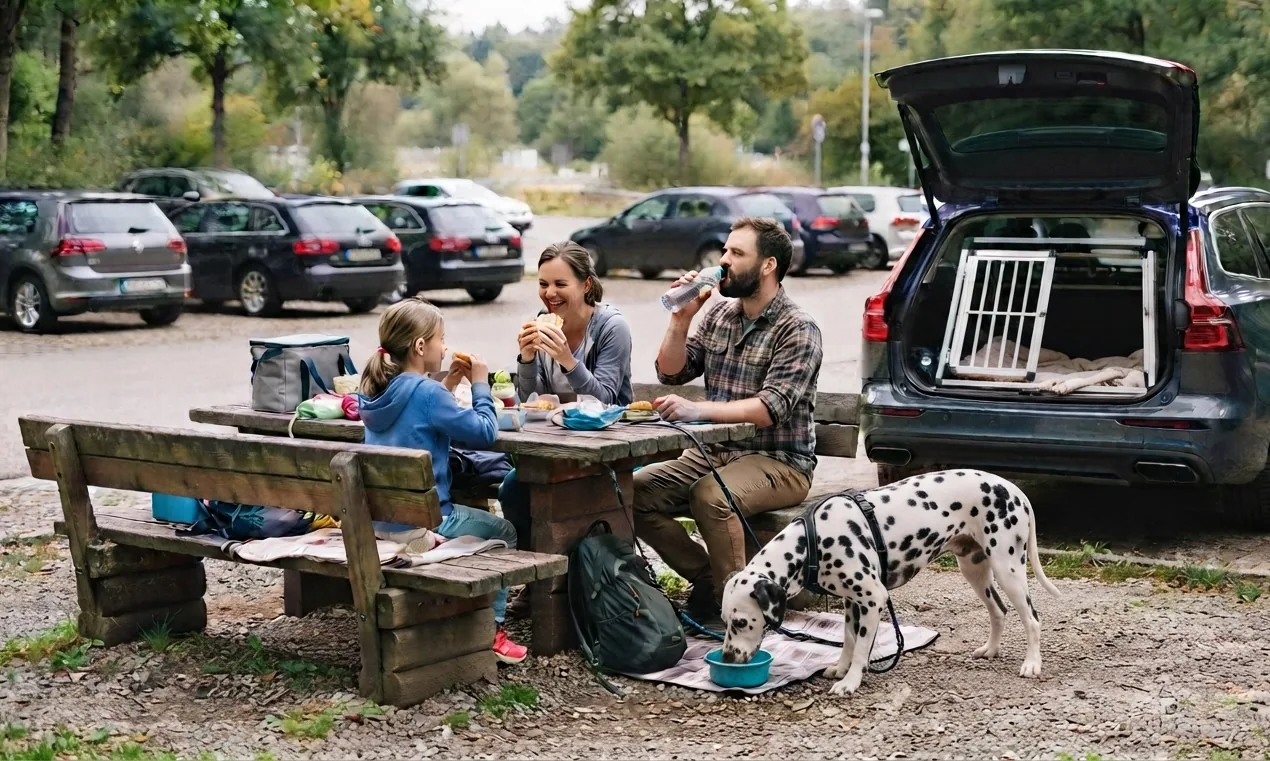 Familie macht Rast auf einem Parkplatz, der Hund frisst und trinkt neben dem Auto