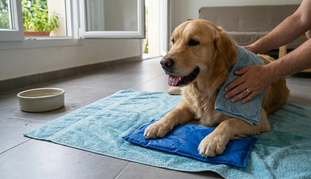 Hund wird mit kühlem Wasser an den Beinen abgekühlt