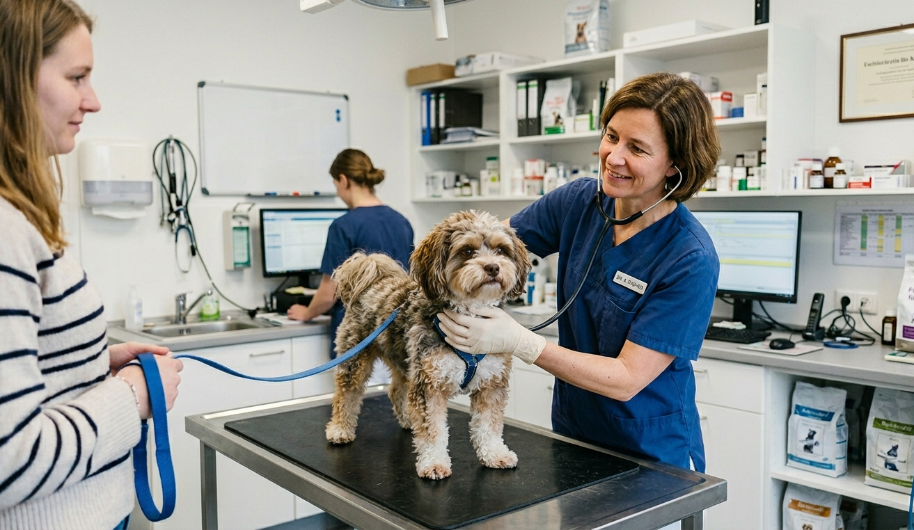 Hund beim Gesundheitscheck in der Tierarztpraxis vor der Abreise