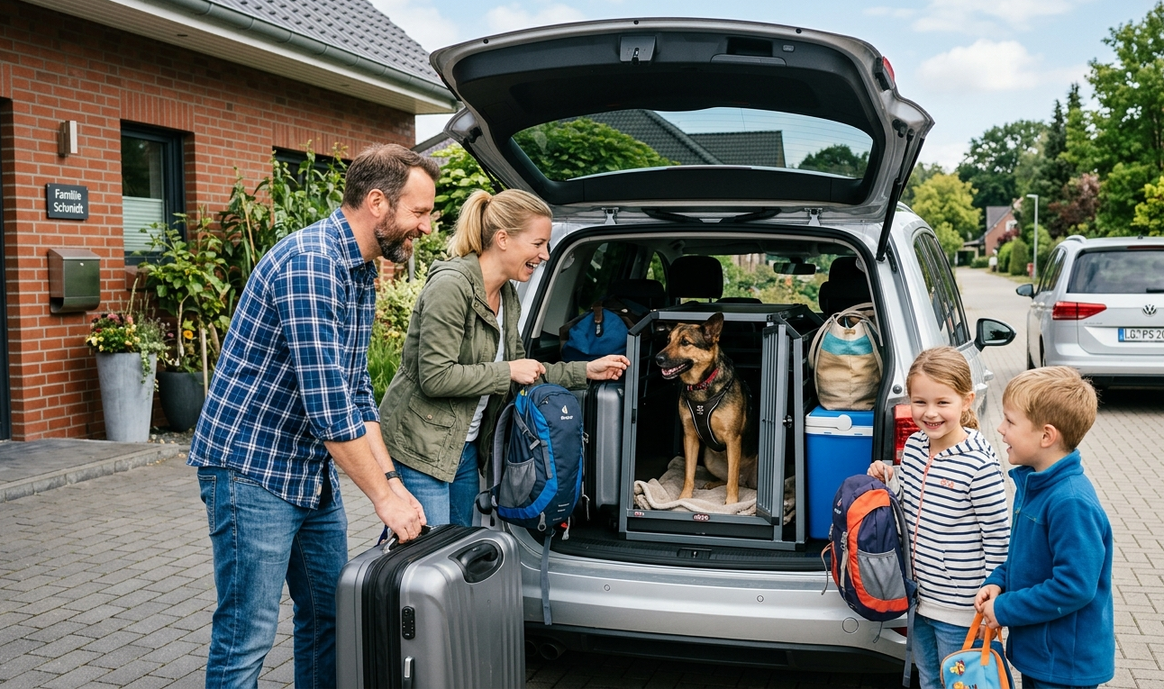 Hund gut gesichert im Auto auf dem Weg in den Urlaub
