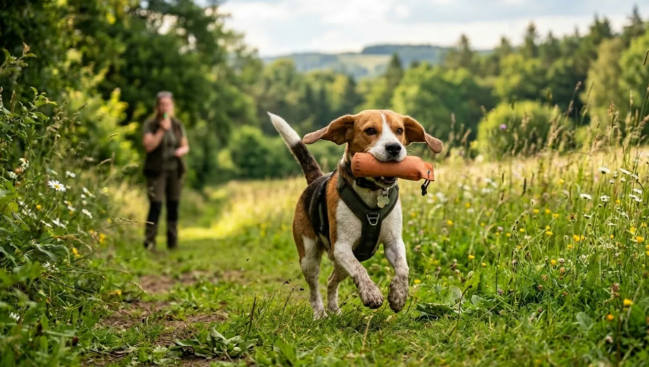 Beagle läuft fröhlich durch eine grüne Wiese und apportiert einen Gegenstand