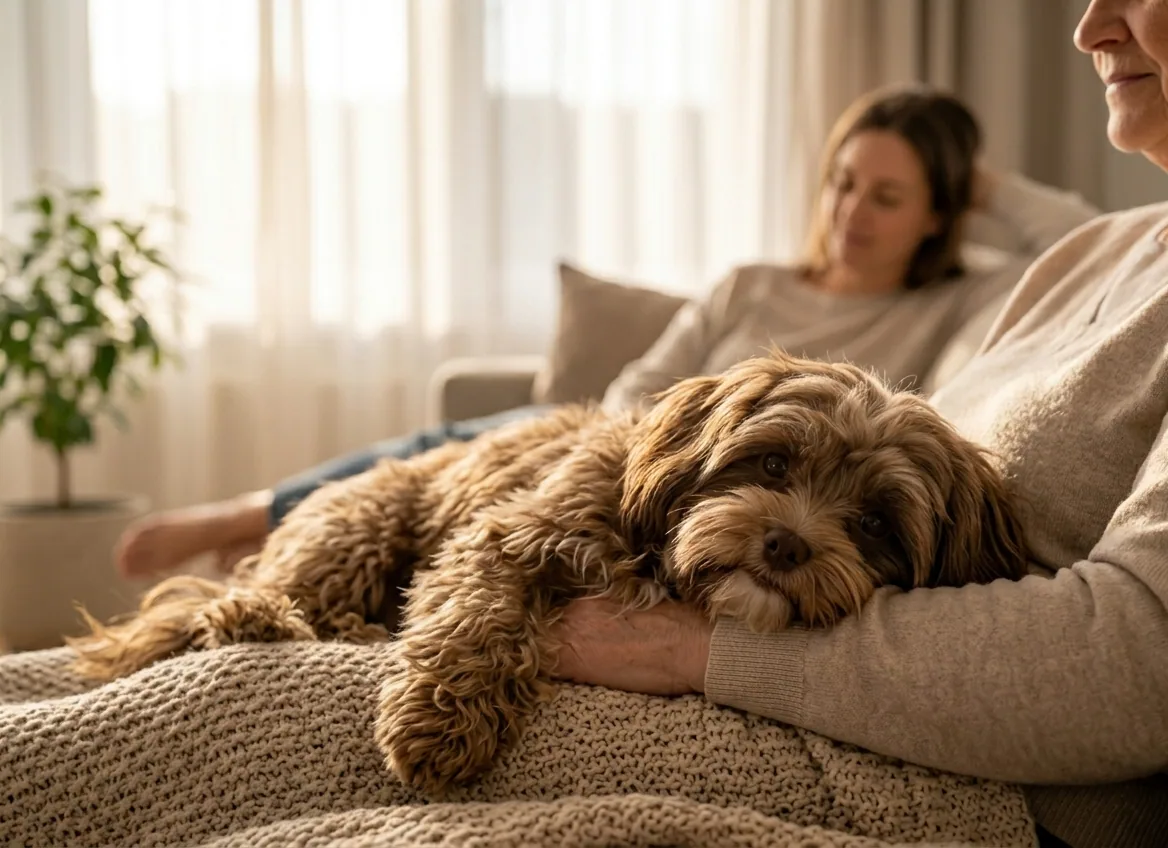 Bolonka Zwetna kuschelt mit seinem Besitzer – ein wahrer Schoßhund