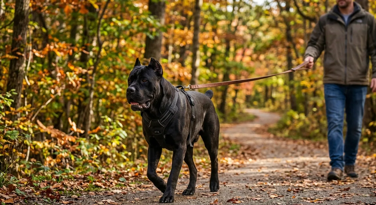Cane Corso beim Spaziergang mit seinem Halter auf einem Waldweg im Herbst