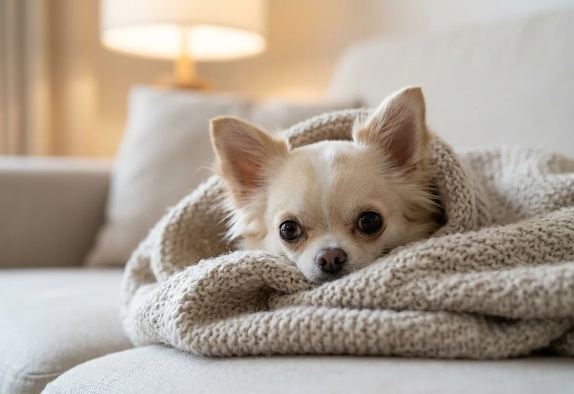 Chihuahua kuschelt sich gemütlich ein – trotz seiner Energie liebt er warme Rückzugsorte
