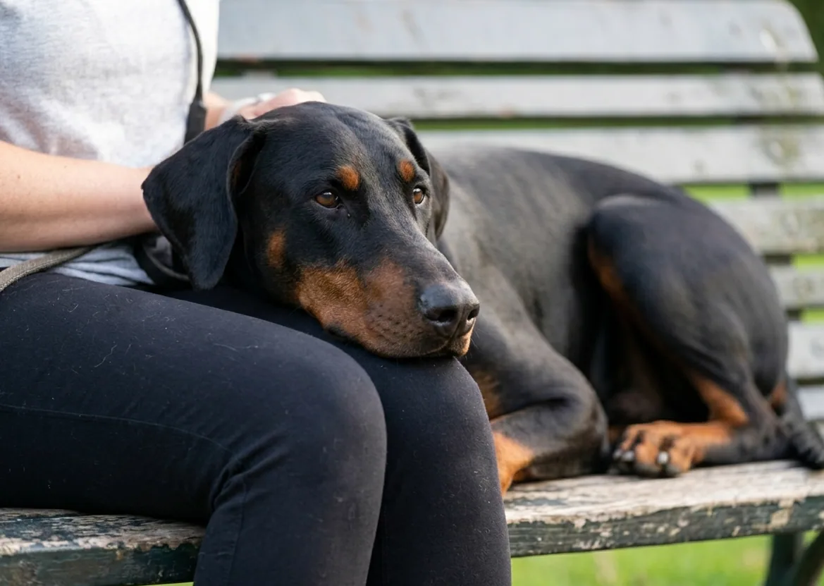 Dobermann beim Training – konzentriert und aufmerksam bei der Zusammenarbeit mit seinem Halter